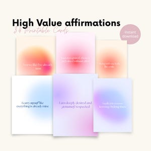 Puede incluir: Un conjunto de tarjetas de afirmación con fondos de colores suaves. Las tarjetas presentan frases como «Me muevo como si ya hubiera ganado» y «Soy profundamente deseado y genuinamente respetado». El texto «High Value affirmations» es visible.