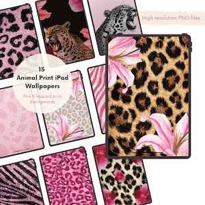 Puede incluir: Colección de 15 fondos de pantalla para iPad con estampado animal. Los diseños incluyen manchas de leopardo, rayas de cebra y detalles florales en rosa, marrón y negro. El texto dice "Animal Print iPad Wallpapers" y "High resolution PNG files."