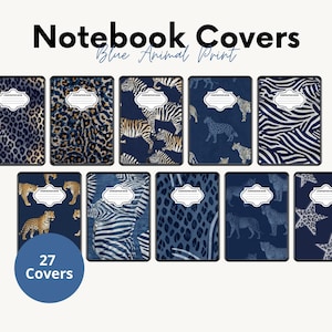 Puede incluir: Una colección de portadas para cuadernos con varios estampados de animales en azul, incluyendo patrones de leopardo, cebra y guepardo. Cada portada rectangular muestra una etiqueta blanca. El texto dice Notebook Covers Blue Animal Print y 27 Covers.