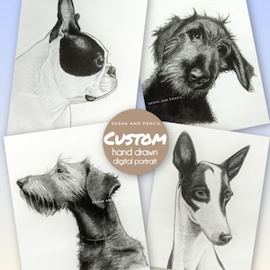CUSTOM PET DOG digital portrait, pencil drawing from photo, individual face painting to order