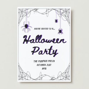 Editable Spooky Spider Halloween Party Invitation Purple
