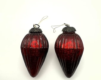 Set of 2 Vintage Red Glass Christmas Ornaments – Heavy Drop Cone Biedermeier Style Tree Decorations