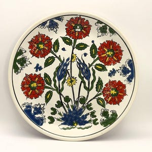 Vintage Greek Dakas Rhodes handmade Decorative Plate red blue green and yellow floral pattern, ceramic hanging plate