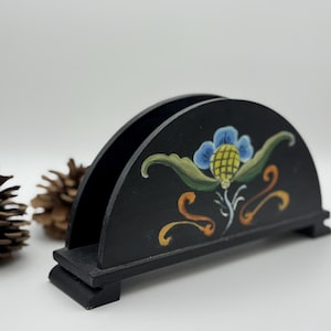 Vintage Norwegian Rosemaling Napkin Holder | Folk Art Home Decor | Handmade 1978