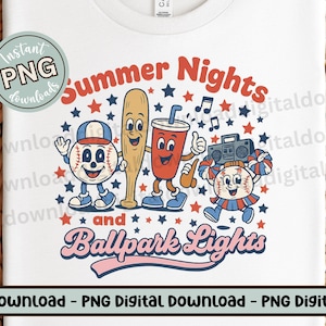 Noches de verano y luces de estadio PNG, lindo archivo de sublimación de béisbol retro, descarga digital para camisetas de juegos y manualidades de verano