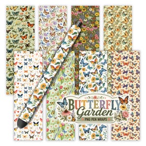 Puede incluir: Una colección de diseños digitales para envolver bolígrafos con varios patrones de mariposas y flores. El texto Butterfly Garden PNG Pen Wraps se muestra en una fuente decorativa. Los diseños incluyen mariposas coloridas, girasoles, tulipanes y margaritas.