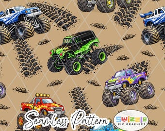 Monster Truck Seamless Pattern PNG: Boys Vehicle Repeating Print Sublimation Design