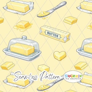 Puede incluir: Patrón sin costuras con ilustraciones de mantequilla en varias formas: barras, porciones, un trozo en forma de corazón y una mantequera. También se muestra un cuchillo de mantequilla con mantequilla untada. El fondo es de color amarillo claro con un patrón de diamantes. El texto "Butter" es visible.