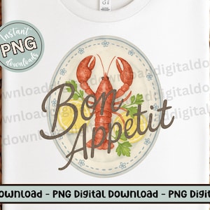 Aragosta Bon Appétit PNG, Design a sublimazione di una cucina costiera con piatto di mare e limone, Grafica di frutti di mare francesi per un'estetica nautica e gastronomica