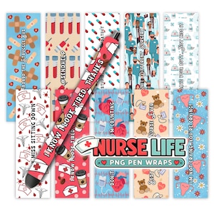 Op de afbeelding: Een collectie rechthoekige pen-wraps met medische patronen, waaronder pleisters, bloedbuisjes, pillen, artsen, verbanddozen, verpleegsterskapjes, koffiebekers, harten, teddyberen en anatomische harten met tekst zoals Nurse Life.