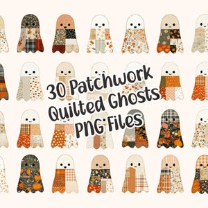 Könnte beinhalten: Darstellung von 30 Patchwork-Quilt-Geist-PNG-Dateien. Jeder Geist hat ein weißes Gesicht und einen Körper aus gemusterten Stoffen in Herbstfarben wie Orange, Braun und Creme. Der Text lautet "30 Patchwork Quilted Ghosts PNG Files".