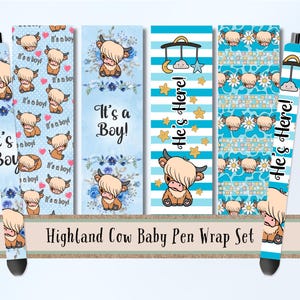 Baby Boy Highland Cow Pen Wrap Paquete PNG para plumas Epoxy Waterslide Inkjoy, Es un anuncio de nacimiento de niño Pen Wrap Descarga digital para niño