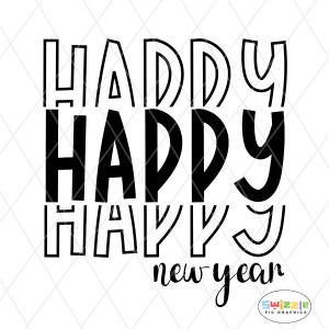 Puede incluir: Diseño gráfico en blanco y negro con las palabras "Happy New Year" en una fuente en capas y en negrita. La palabra "Happy" se repite tres veces, la inferior con una fuente diferente. El diseño incluye un pequeño logotipo en la esquina inferior derecha.