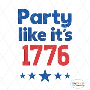 Pode incluir: Design gráfico com o texto "Party like it's 1776" em azul e vermelho, com cinco estrelas azuis na parte inferior. O design está em um fundo branco com um padrão de losangos.