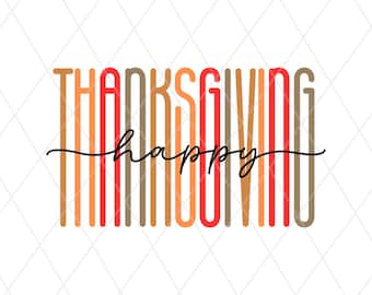 May include: A graphic design featuring the word THANKSGIVING written in tall, vertical, sans-serif letters in shades of red, orange, and brown, overlaid with the word happy written in a black, flowing, cursive script across the center.