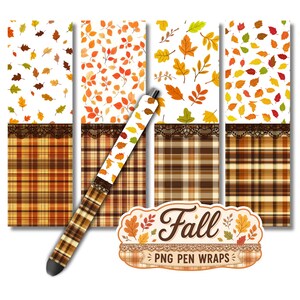 May include: A collection of four vertical rectangular digital designs featuring autumn leaf patterns and brown plaid backgrounds separated by black lace trim. A single pen displays one of these patterns, and a label reads Fall PNG PEN WRAPS.