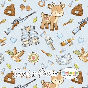 May include: Seamless pattern with hunting-themed illustrations. Includes a deer with a target, a rifle, a vest, a duck, a baby rattle, a diaper, a beanie, and a target. The text "Seamless Pattern" is also included.