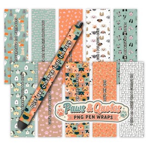 May include: A collection of digital pen wrap designs featuring dog-themed patterns, paw prints, and bones in various colors. One pen wrap is displayed diagonally with the text Dogs are cheaper than therapy. A logo reads Paws & Quotes PNG PEN WRAPS.