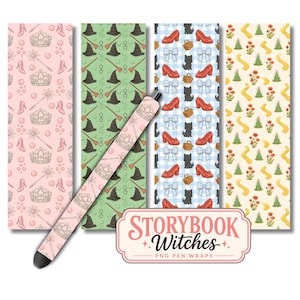 May include: Four vertical rectangular patterns featuring illustrations of crowns, wands, witch hats, brooms, red shoes, baskets, dogs, bows, yellow paths, and flowers. A diagonal pen wrap displays the crown and wand pattern. Text reads Storybook Witches.