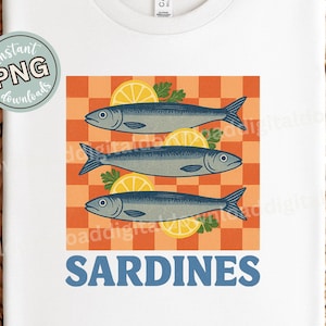 Sardinen und Retro Food Art PNG, lustige Küstenfischsublimationsdatei, trendiger Sardinendesign-Digitaldownload, beliebte Sardinenpng-Datei