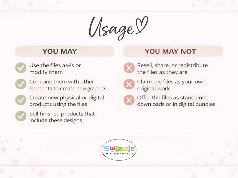 May include: A graphic detailing the permitted and prohibited uses of digital files, titled "Usage" with a heart symbol. The "You May" section lists options like modifying and selling the files. The "You May Not" section lists restrictions on reselling and claiming the files as your own.