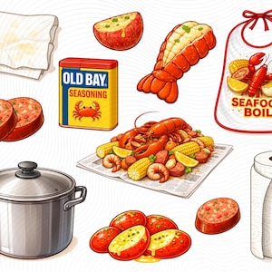 May include: A vibrant illustration of a seafood boil, with a lobster, corn, potatoes, sausage, shrimp, and Old Bay seasoning. Includes a pot, bib, paper towels, and a napkin. The bib reads "Seafood Boil."