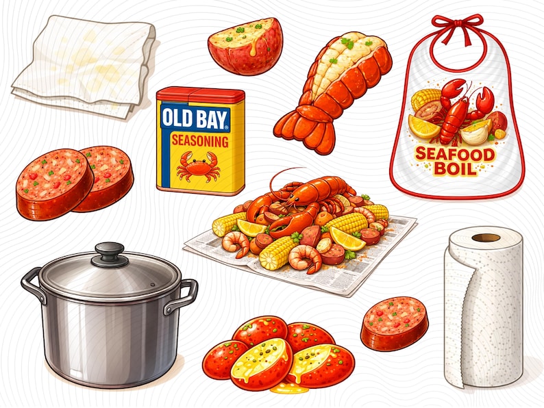 May include: A vibrant illustration of a seafood boil, with a lobster, corn, potatoes, sausage, shrimp, and Old Bay seasoning. Includes a pot, bib, paper towels, and a napkin. The bib reads "Seafood Boil."