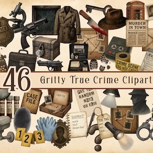 May include: A collection of 46 gritty true crime clipart images. Includes a police badge, a revolver, a trench coat, a bloody knife, a typewriter, a briefcase, a fingerprint, evidence markers, and other crime scene elements.