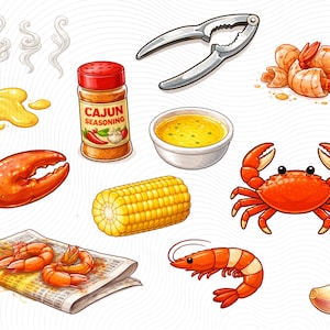 May include: A cartoon illustration of a seafood boil, featuring shrimp, crab, corn, and Cajun seasoning. Includes a crab cracker, butter, and a garlic clove. The image is brightly coloured.
