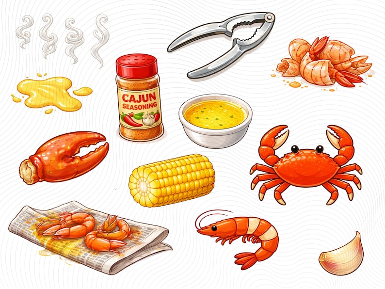 May include: A cartoon illustration of a seafood boil, featuring shrimp, crab, corn, and Cajun seasoning. Includes a crab cracker, butter, and a garlic clove. The image is brightly coloured.