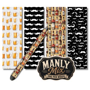Puede incluir: Un conjunto de diseños digitales con cuatro patrones verticales: jarras de cerveza en gris claro, bigotes blancos en negro, botellas de whisky en beige y bigotes blancos en negro. Un envoltorio de bolígrafo muestra el texto MANLY MIX.
