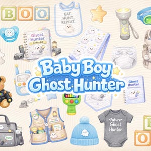Könnte beinhalten: Eine Sammlung von Babyartikeln mit Geisterjäger-Thema. Enthält einen Teddybären, Babykleidung, Blöcke mit der Aufschrift "BOO", eine Lätzchen, eine Babytrage, eine Windel, eine Flasche und eine Wickeltasche. Der Text "Baby Boy Ghost Hunter" wird angezeigt.