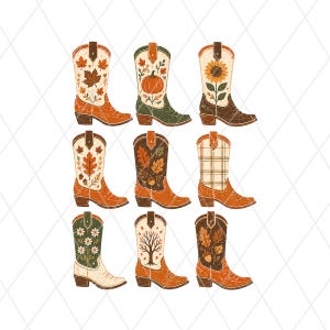 Autumn Western Boots Collection PNG Graphic, Fall Cowgirl Floral Pumpkin Sublimation Design