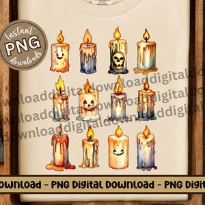 May include: A set of 10 digital illustrations of Halloween candles. The candles are in various colors, including orange, yellow, red, and blue. Some candles have a skull, pumpkin, or other Halloween-themed designs.