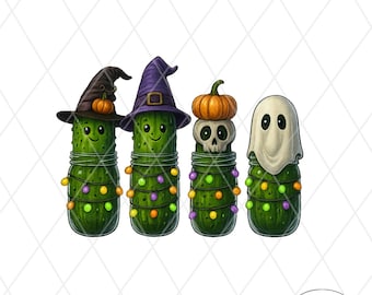 Halloween Pickles in Costume PNG Graphic: Funny Spooky Gherkin Character Design