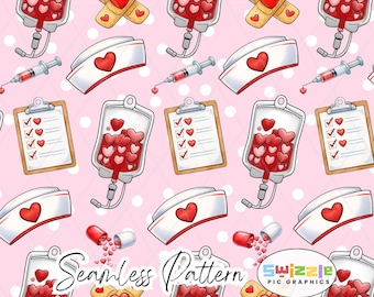 Valentine Nurse Seamless Pattern PNG: Nursing Hearts Repeating Print Sublimation Design