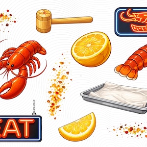 May include: A colourful illustration of seafood and related items. Includes a whole lobster, a lobster tail, and a neon sign with a shrimp. Also features a wooden mallet, lemon slices, and a tray with paper.