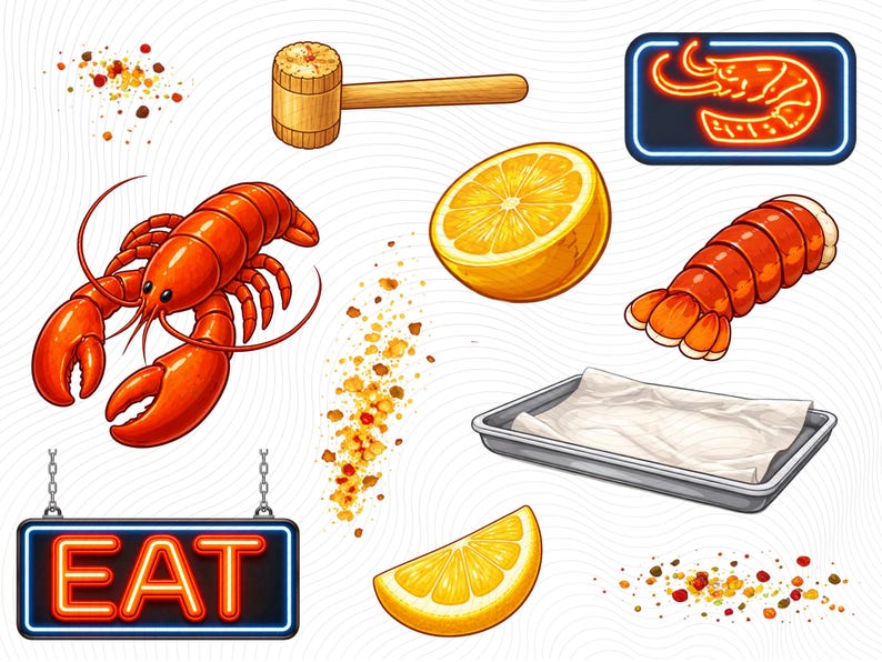 May include: A colourful illustration of seafood and related items. Includes a whole lobster, a lobster tail, and a neon sign with a shrimp. Also features a wooden mallet, lemon slices, and a tray with paper.