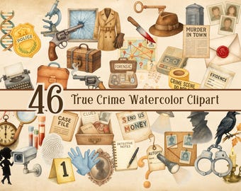 May include: Watercolor clipart set with 46 true crime themed illustrations. Includes a police badge, magnifying glass, revolver, evidence, crime scene tape, and a detective silhouette. The text "True Crime Watercolor Clipart" is displayed.