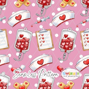 May include: A repeating pattern on a pink backdrop, featuring medical symbols. Includes nurse hats with heart motifs, syringes, clipboards with ticks, and blood bags filled with hearts. The words "Seamless Pattern" are also visible.