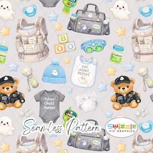 May include: Seamless pattern featuring baby items with a ghost theme. Includes a baby carrier, diaper bag, bib, onesie, teddy bear, and other accessories. The text includes "Ghost Hunter", "Eat. Hunt. Repeat.", and "Future Ghost Hunter".