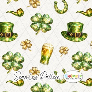 May include: A seamless pattern featuring St. Patrick's Day elements. The design includes green top hats, shamrocks, beer glasses, horseshoes, and smoking pipes. The text "Seamless Pattern" is visible at the bottom. The background is a white diamond pattern.