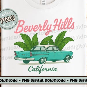 Beverly Hills, Californië, png, retro auto sublimatieontwerp, vintage palmboom digitale download voor zomer- en reisshirts