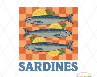 Retro Sardine PNG Art: Trendy Seafood Kitchen Sublimation Design