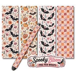 May include: A set of four rectangular pen wrap designs featuring patterns of black bats, pink skulls, orange pumpkins, and floral elements, alongside a single pen displaying a checkered pattern with small skulls and pumpkins, labelled Spooky Bloom.