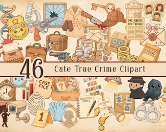 Può includere: Una collezione di 46 simpatiche illustrazioni di clipart sui crimini veri. Include un distintivo della polizia, una lente d'ingrandimento, prove, una macchina da scrivere, un detective e un corvo. Il testo "Cute True Crime Clipart" è visibile.