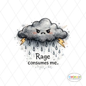 Może przedstawiać: Akwarelowa ilustracja wściekłej szarej chmury z deszczem i błyskawicami. Tekst "Rage consumes me" znajduje się pod chmurą. Obraz ma efekt akwareli i białe tło.