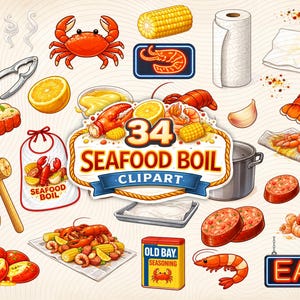 May include: A collection of 34 seafood boil clipart images, including a red crab, lobster, corn, shrimp, and Old Bay seasoning. Other elements include a mallet, lemon slices, and a sign that says "EAT".