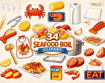 Seafood Boil Clipart Bundle: 34 Crab Lobster Sea Food Lover PNG Files Digital Download