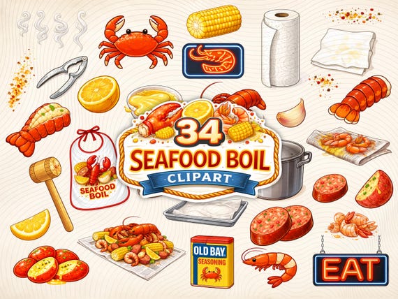 Seafood Boil Clipart Bundle: 34 Crab Lobster Sea Food Lover PNG Files Digital Download
